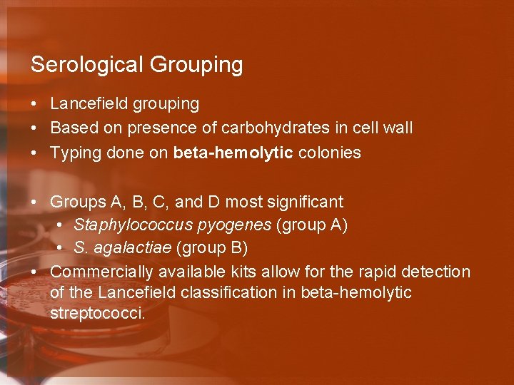 Serological Grouping • Lancefield grouping • Based on presence of carbohydrates in cell wall