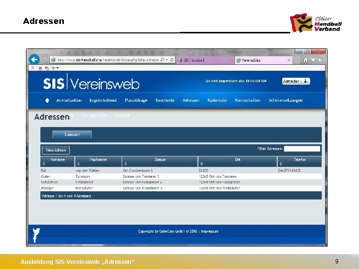 Adressen Ausbildung SIS-Vereinsweb „Adressen“ 9 