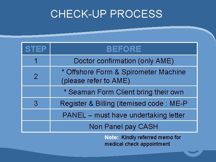 CHECK-UP PROCESS STEP BEFORE 1 Doctor confirmation (only AME) 2 * Offshore Form & CHECK-UP PROCESS STEP BEFORE 1 Doctor confirmation (only AME) 2 * Offshore Form &