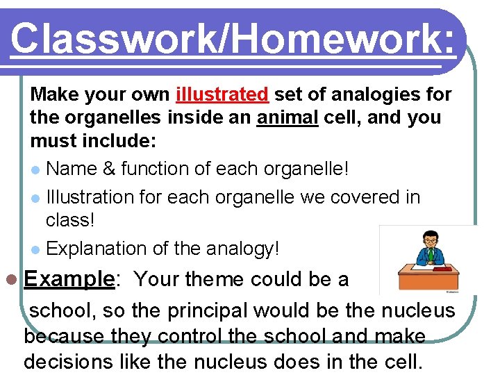 Classwork/Homework: Make your own illustrated set of analogies for the organelles inside an animal