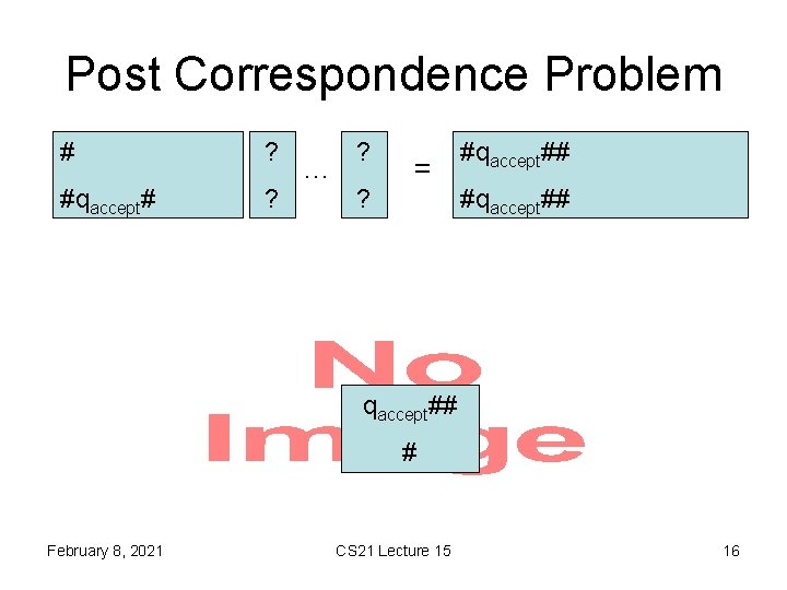 Post Correspondence Problem # ? #qaccept# ? … ? ? = #qaccept## • qaccept##