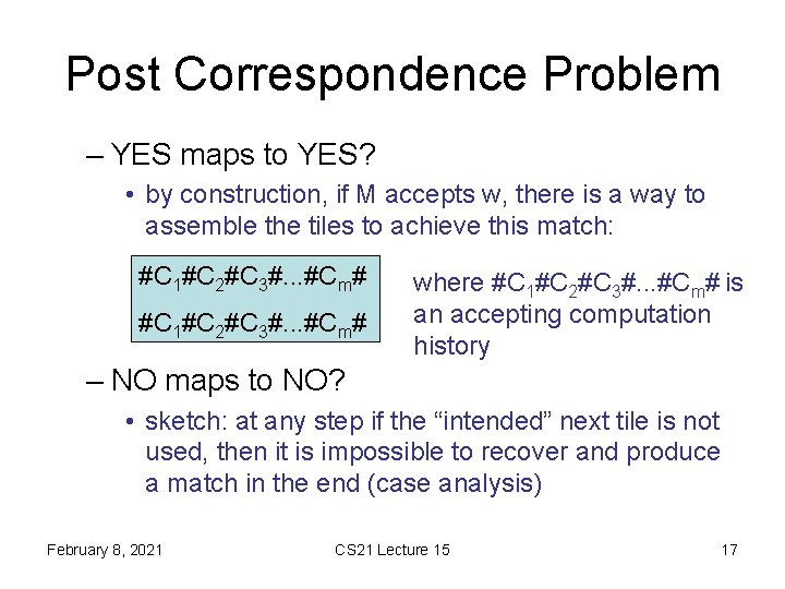 Post Correspondence Problem – YES maps to YES? • by construction, if M accepts
