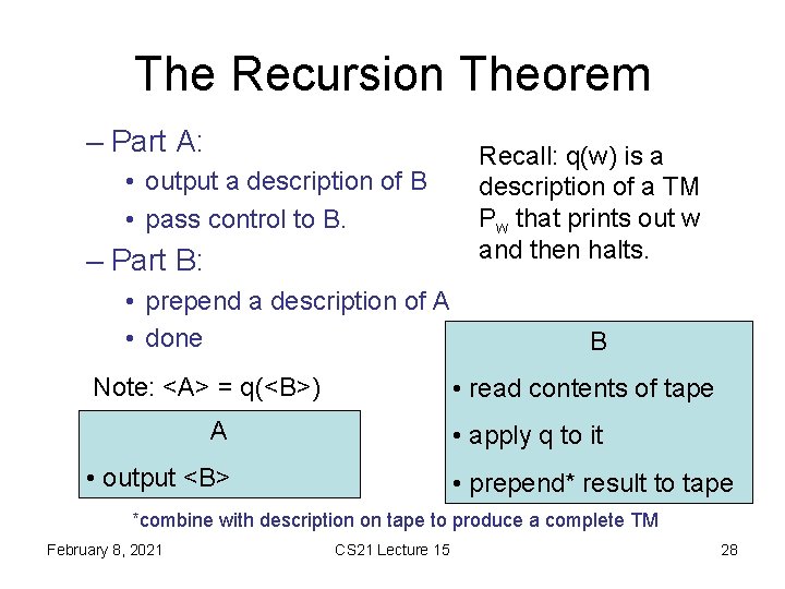 The Recursion Theorem – Part A: • output a description of B • pass