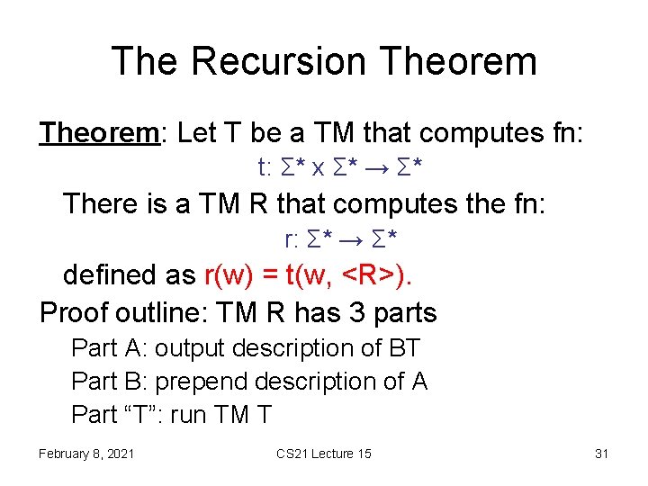 The Recursion Theorem: Let T be a TM that computes fn: t: Σ* x