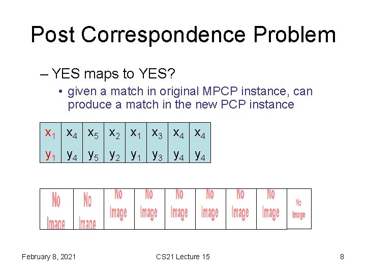 Post Correspondence Problem – YES maps to YES? • given a match in original