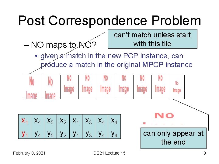 Post Correspondence Problem – NO maps to NO? can’t match unless start with this