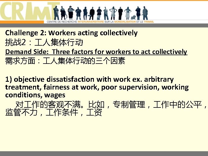 Challenge 2: Workers acting collectively 挑战 2： 人集体行动 Demand Side: Three factors for workers