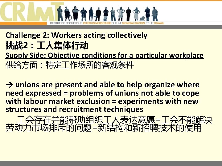 Challenge 2: Workers acting collectively 挑战 2： 人集体行动 Supply Side: Objective conditions for a