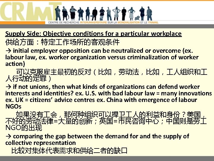 Supply Side: Objective conditions for a particular workplace 供给方面：特定 作场所的客观条件 → initial employer opposition
