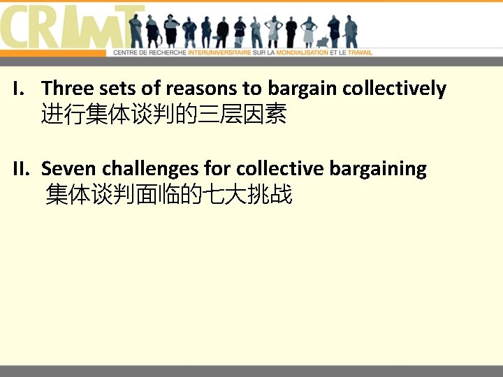 I. Three sets of reasons to bargain collectively 进行集体谈判的三层因素 II. Seven challenges for collective