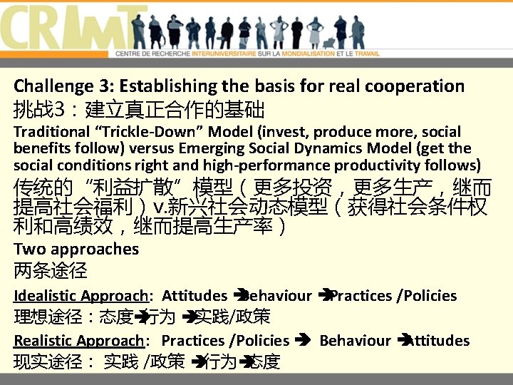 Challenge 3: Establishing the basis for real cooperation 挑战 3：建立真正合作的基础 Traditional “Trickle-Down” Model (invest,