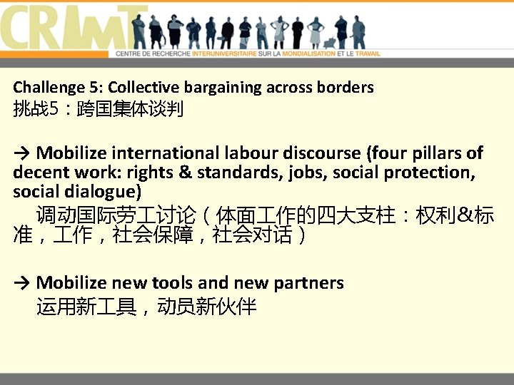 Challenge 5: Collective bargaining across borders 挑战 5：跨国集体谈判 → Mobilize international labour discourse (four