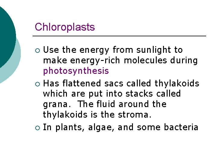 Chloroplasts Use the energy from sunlight to make energy-rich molecules during photosynthesis ¡ Has