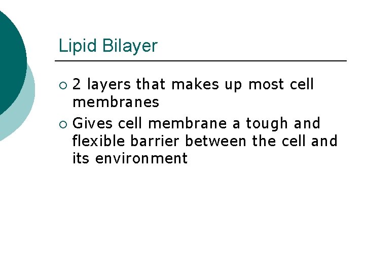 Lipid Bilayer 2 layers that makes up most cell membranes ¡ Gives cell membrane