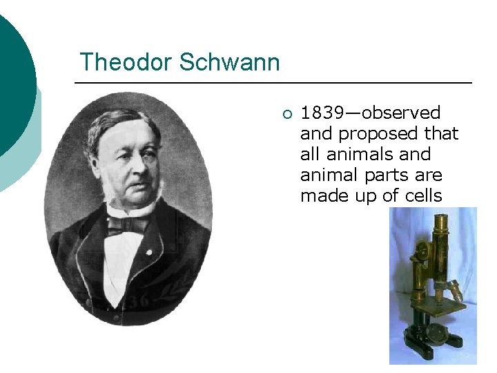 Theodor Schwann ¡ 1839—observed and proposed that all animals and animal parts are made