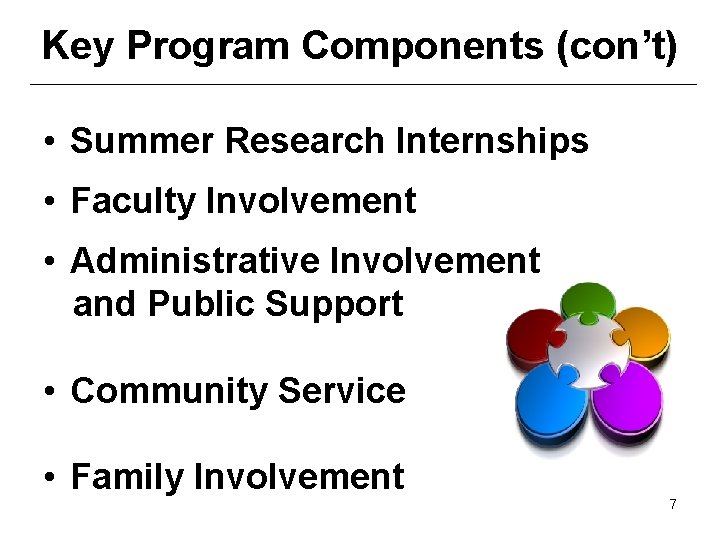 Key Program Components (con’t) • Summer Research Internships • Faculty Involvement • Administrative Involvement