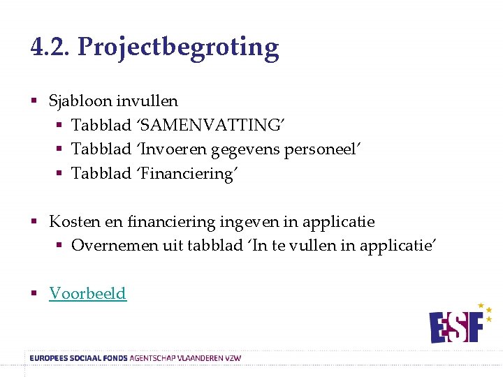 4. 2. Projectbegroting § Sjabloon invullen § Tabblad ‘SAMENVATTING’ § Tabblad ‘Invoeren gegevens personeel’