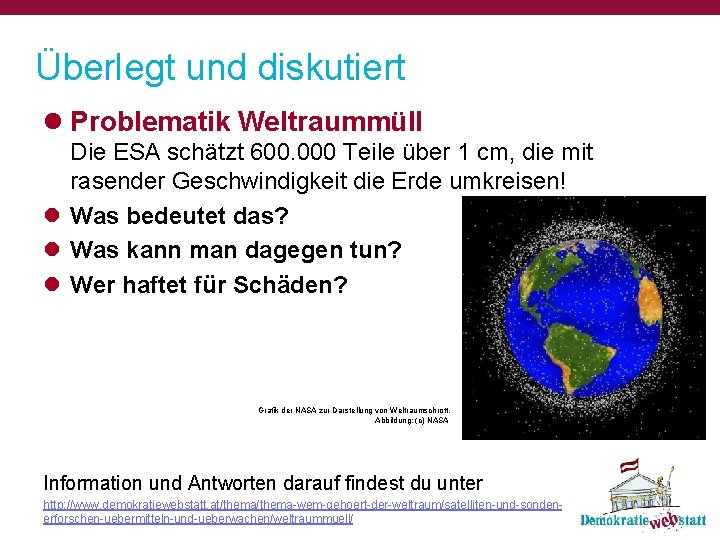 Überlegt und diskutiert l Problematik Weltraummüll Die ESA schätzt 600. 000 Teile über 1