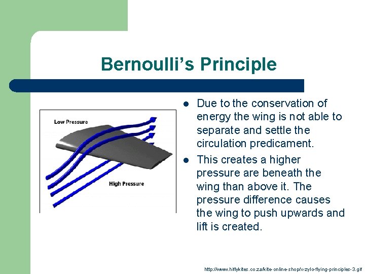Bernoulli’s Principle l l Due to the conservation of energy the wing is not