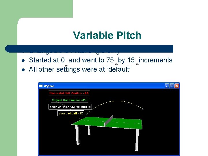 Variable Pitch l l l Changed the initial angle only Started at 0 and