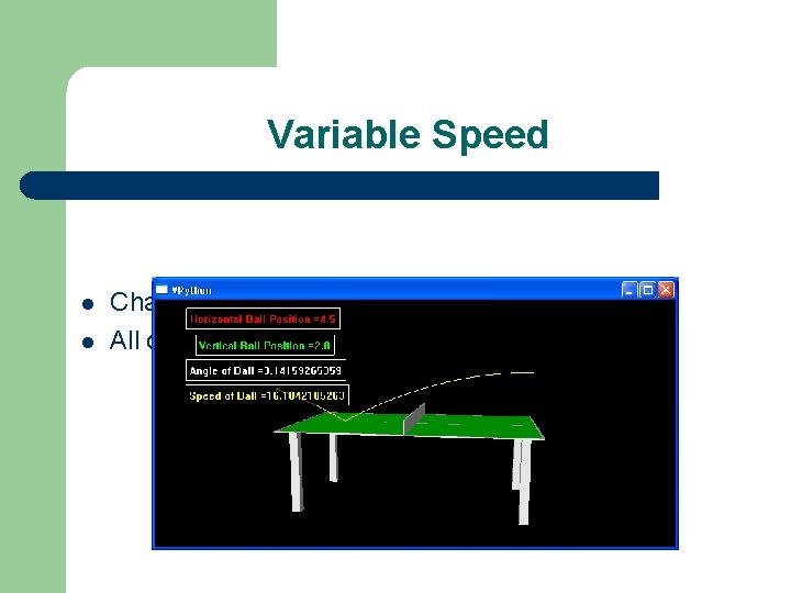 Variable Speed l l Changed the initial speed All other settings set at ‘default’