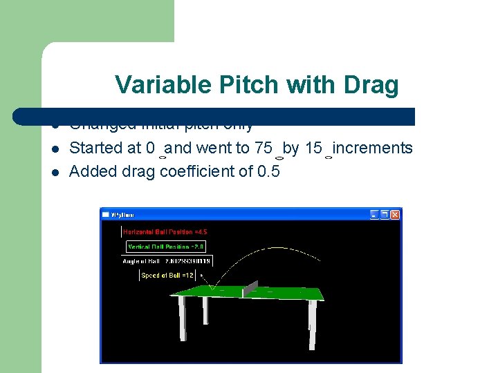 Variable Pitch with Drag l l l Changed initial pitch only Started at 0
