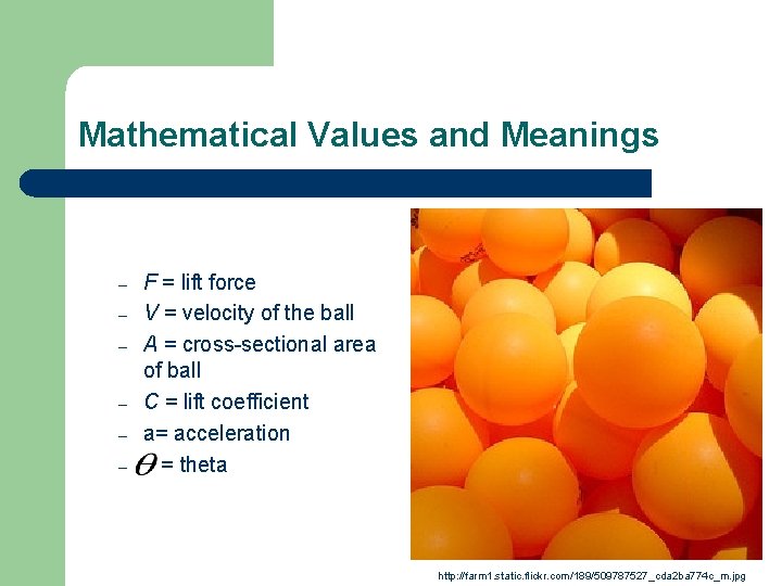 Mathematical Values and Meanings – – – F = lift force V = velocity