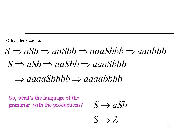 Other derivations: So, what’s the language of the grammar with the productions? 28 