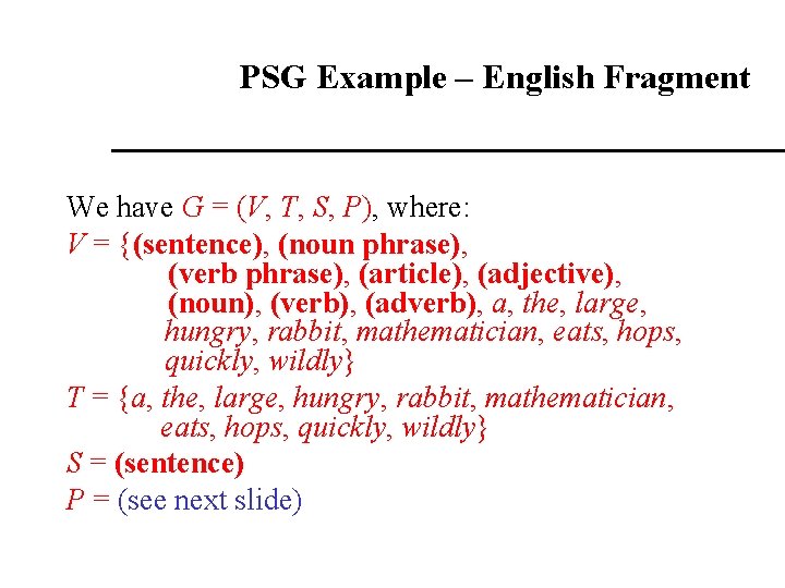 PSG Example – English Fragment We have G = (V, T, S, P), where: