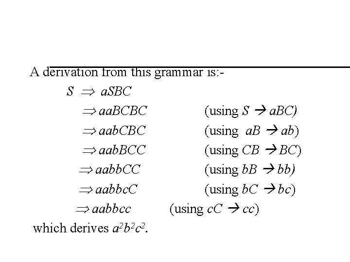 A derivation from this grammar is: S a. SBC aa. BCBC (using S a.