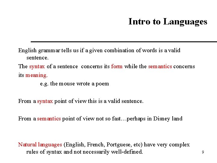 Intro to Languages English grammar tells us if a given combination of words is