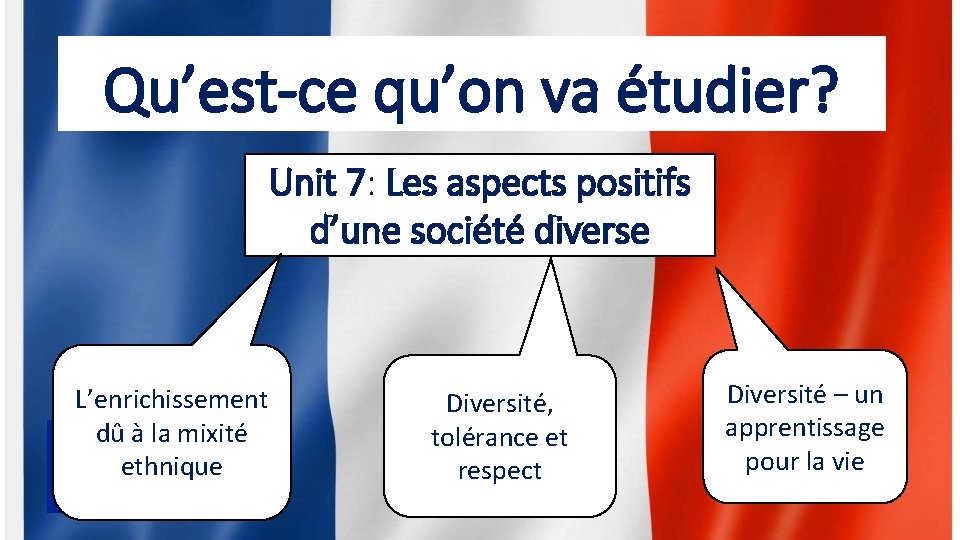 Qu’est-ce qu’on va étudier? Unit 7: Les aspects positifs d’une société diverse L’enrichissement dû