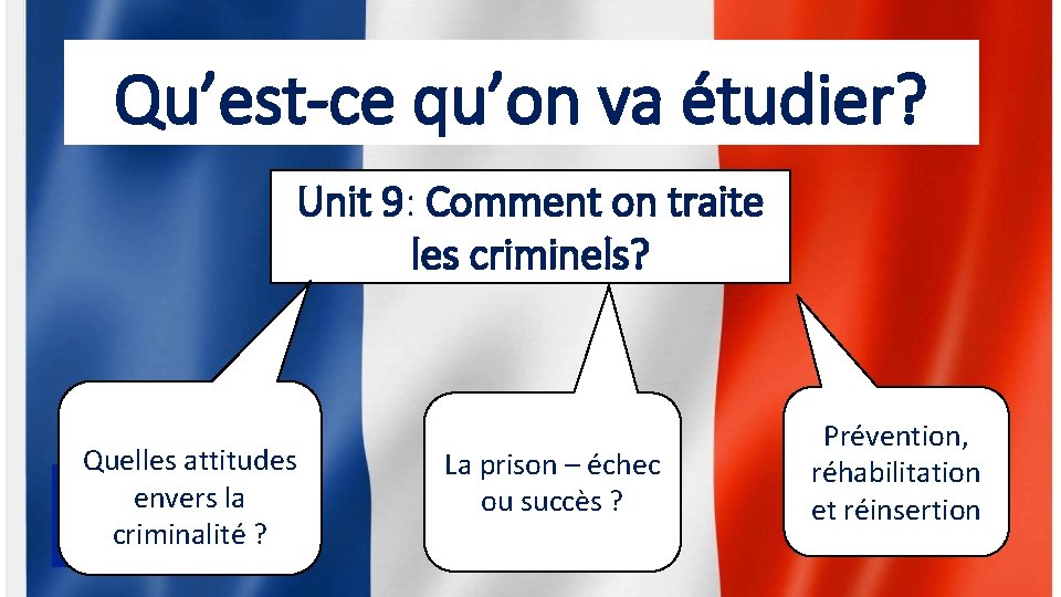 Qu’est-ce qu’on va étudier? Unit 9: Comment on traite les criminels? Quelles attitudes envers