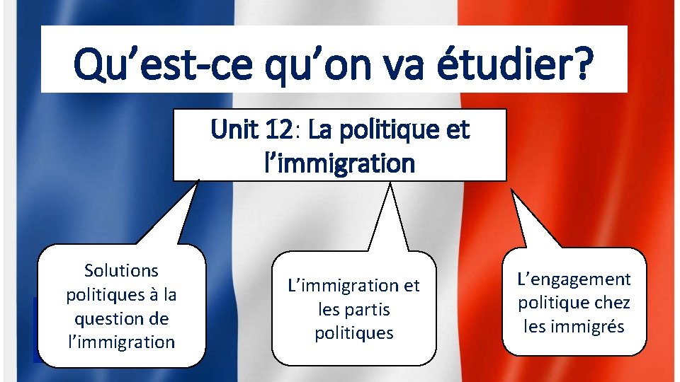 Qu’est-ce qu’on va étudier? Unit 12: La politique et l’immigration Solutions politiques à la