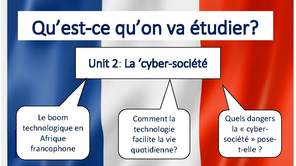 Qu’est-ce qu’on va étudier? Unit 2: La ‘cyber-société Le boom technologique en Afrique francophone