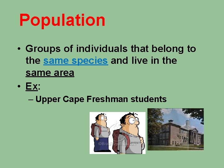Population • Groups of individuals that belong to the same species and live in