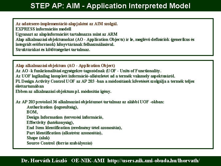 STEP AP: AIM - Application Interpreted Model Az adatcsere-implementáció alapjaként az AIM szolgál. EXPRESS