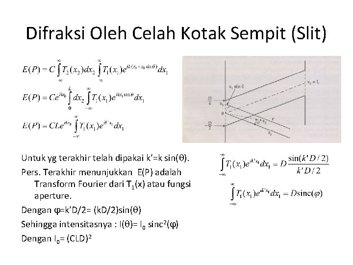 Difraksi Oleh Celah Kotak Sempit (Slit) Untuk yg terakhir telah dipakai k’=k sin( ).