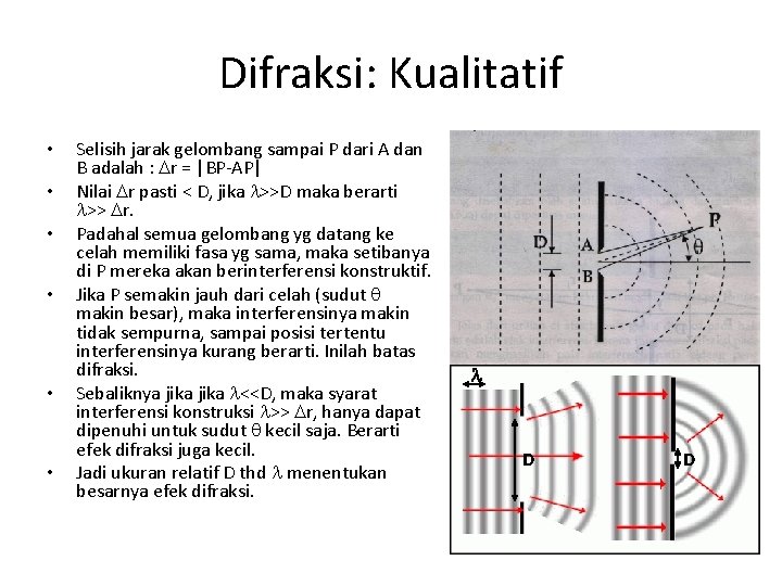 Difraksi: Kualitatif • • • Selisih jarak gelombang sampai P dari A dan B