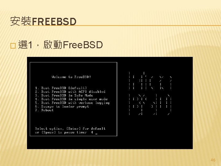 安裝FREEBSD � 選 1，啟動Free. BSD 46 