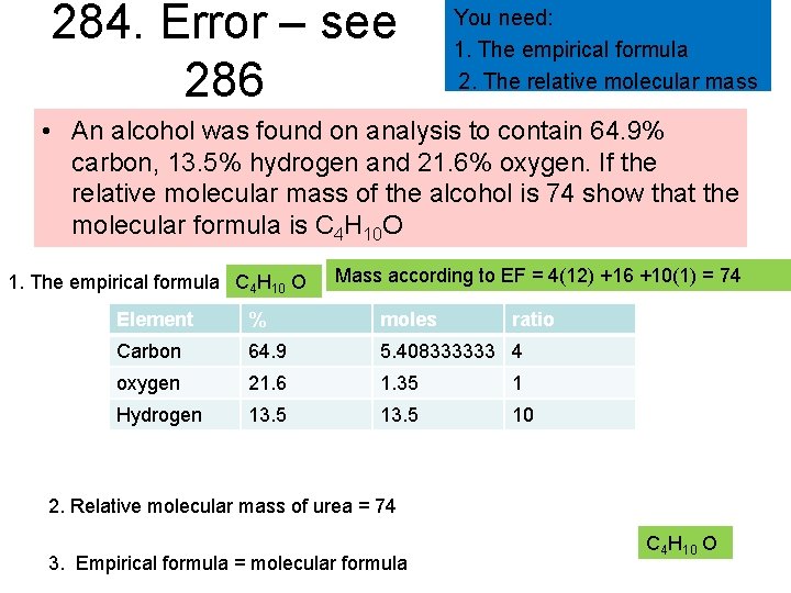 284. Error – see 286 You need: 1. The empirical formula 2. The relative