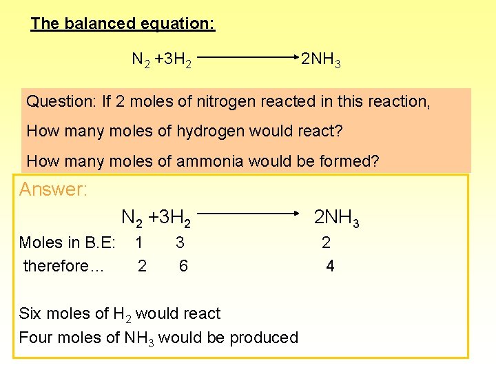 The balanced equation: N 2 +3 H 2 2 NH 3 Question: If 2