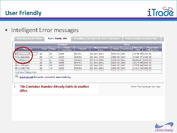 User Friendly • Intelligent Error messages • This Container Number Already Exists in another