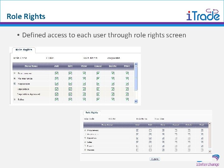 Role Rights • Defined access to each user through role rights screen 