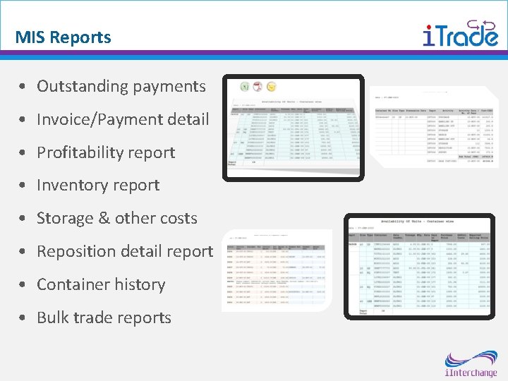 MIS Reports • Outstanding payments • Invoice/Payment detail • Profitability report • Inventory report