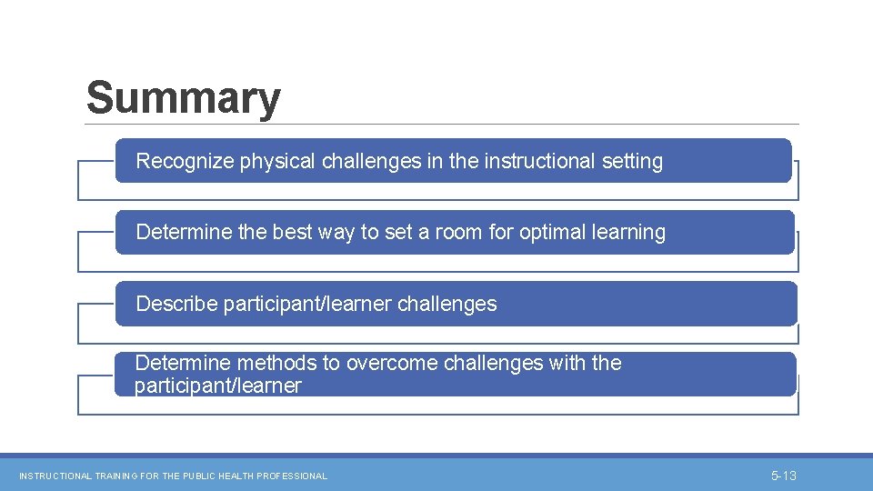 Summary Recognize physical challenges in the instructional setting Determine the best way to set