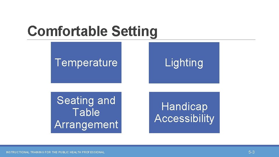 Comfortable Setting Temperature Lighting Seating and Table Arrangement Handicap Accessibility INSTRUCTIONAL TRAINING FOR THE