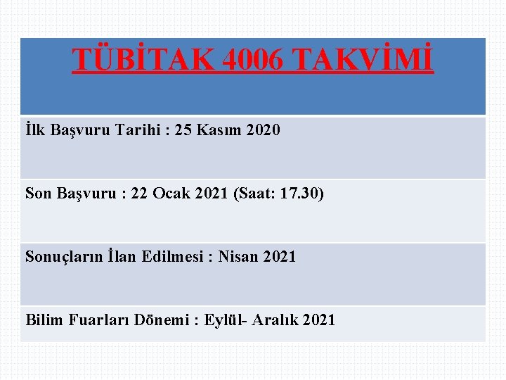 TÜBİTAK 4006 TAKVİMİ İlk Başvuru Tarihi : 25 Kasım 2020 Son Başvuru : 22