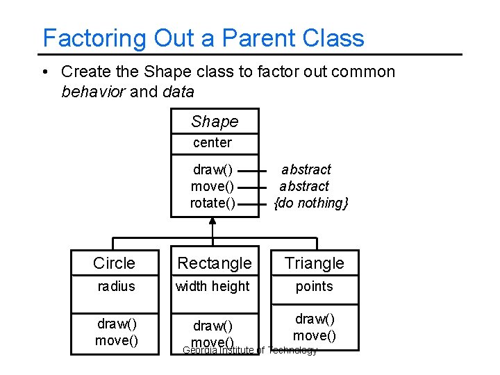 Factoring Out a Parent Class • Create the Shape class to factor out common