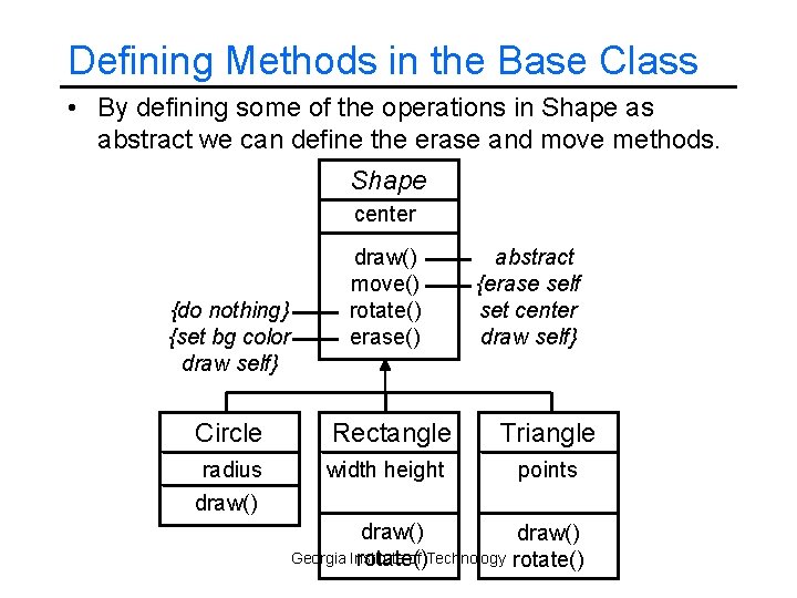 Defining Methods in the Base Class • By defining some of the operations in